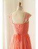 Coral Beaded Cap Sleeves Chiffon Bridesmaid Dress